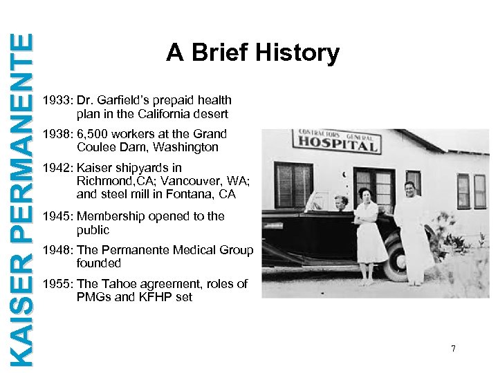 KAISER PERMANENTE A Brief History 1933: Dr. Garfield’s prepaid health plan in the California