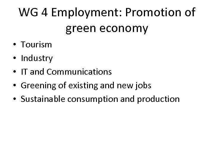 WG 4 Employment: Promotion of green economy • • • Tourism Industry IT and