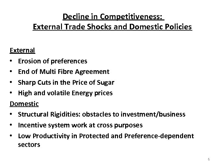 Decline in Competitiveness: External Trade Shocks and Domestic Policies External • Erosion of preferences