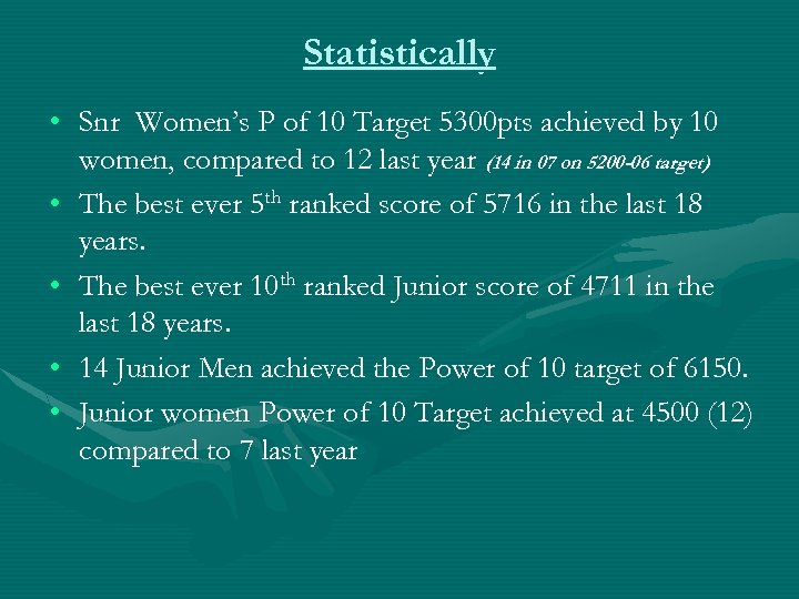 Statistically • Snr Women’s P of 10 Target 5300 pts achieved by 10 women,