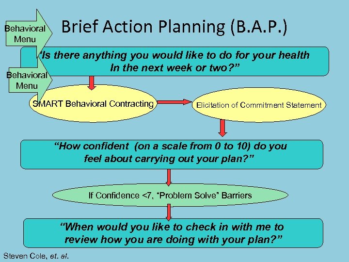 Behavioral Menu Brief Action Planning (B. A. P. ) “Is there anything you would