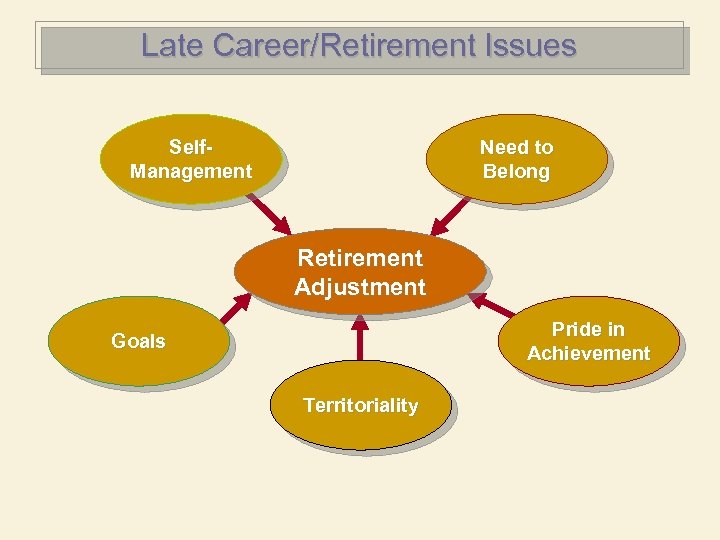 Late Career/Retirement Issues Self. Management Need to Belong Retirement Adjustment Pride in Achievement Goals