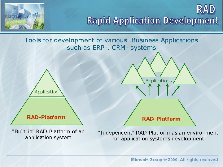 Tools for development of various Business Applications such as ERP-, CRM- systems Application RAD-Platform