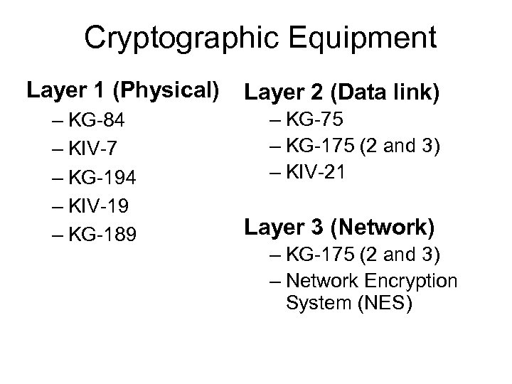 Cryptographic Equipment Layer 1 (Physical) – KG-84 – KIV-7 – KG-194 – KIV-19 –