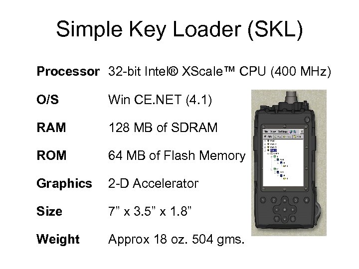 Simple Key Loader (SKL) Processor 32 -bit Intel® XScale™ CPU (400 MHz) O/S Win