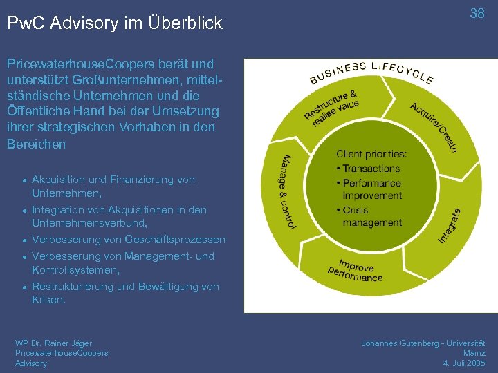 Pw. C Advisory im Überblick 38 Pricewaterhouse. Coopers berät und unterstützt Großunternehmen, mittelständische Unternehmen