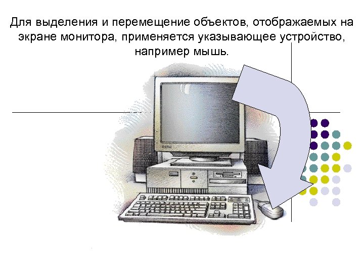 Для выделения и перемещение объектов, отображаемых на экране монитора, применяется указывающее устройство, например мышь.