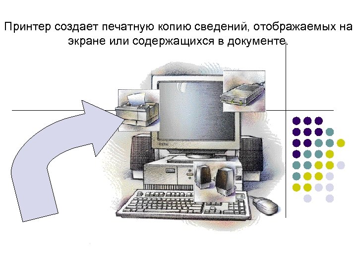 Принтер создает печатную копию сведений, отображаемых на экране или содержащихся в документе. 