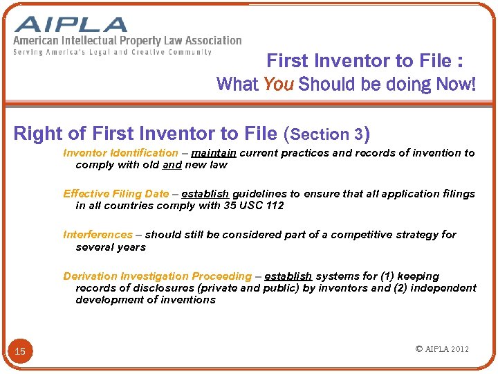 First Inventor to File : What You Should be doing Now! Right of First