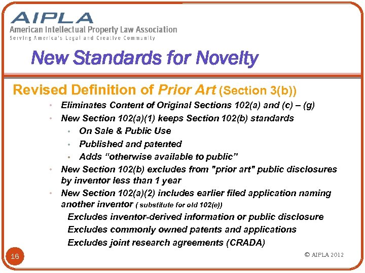 New Standards for Novelty Revised Definition of Prior Art (Section 3(b)) Eliminates Content of