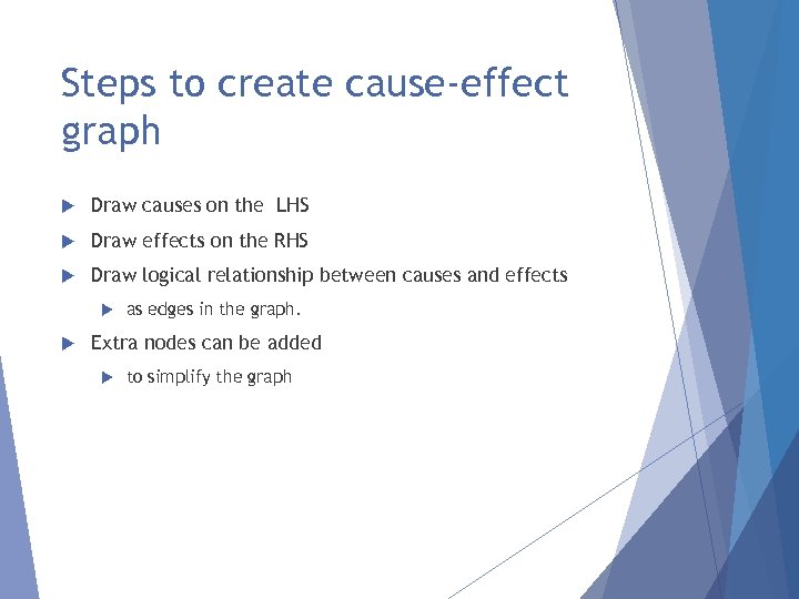 Steps to create cause-effect graph Draw causes on the LHS Draw effects on the
