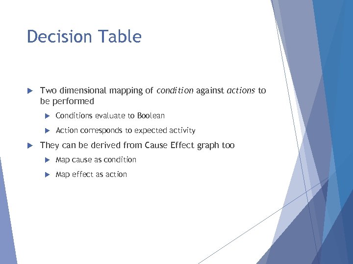 Decision Table Two dimensional mapping of condition against actions to be performed Conditions evaluate