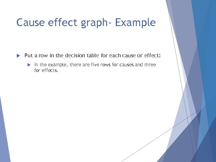 Cause effect graph- Example Put a row in the decision table for each cause