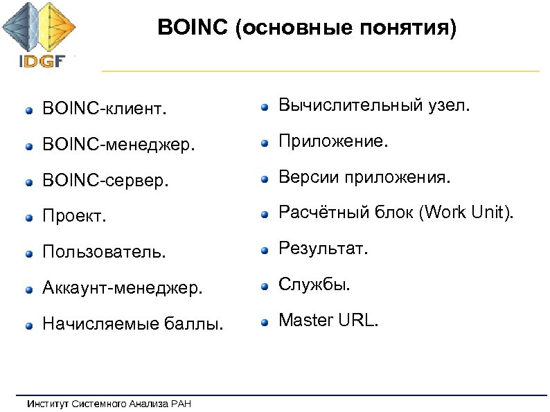 BOINC (основные понятия) BOINC-клиент. Вычислительный узел. BOINC-менеджер. Приложение. BOINC-сервер. Версии приложения. Проект. Расчётный блок