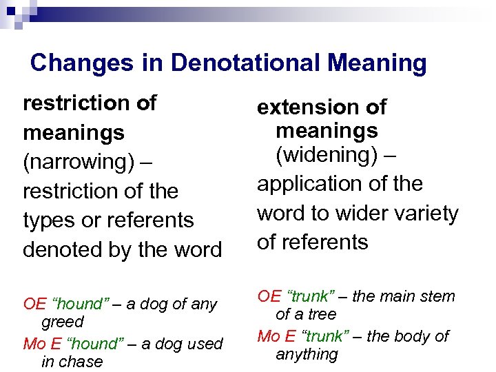 Changes in Denotational Meaning restriction of meanings (narrowing) – restriction of the types or