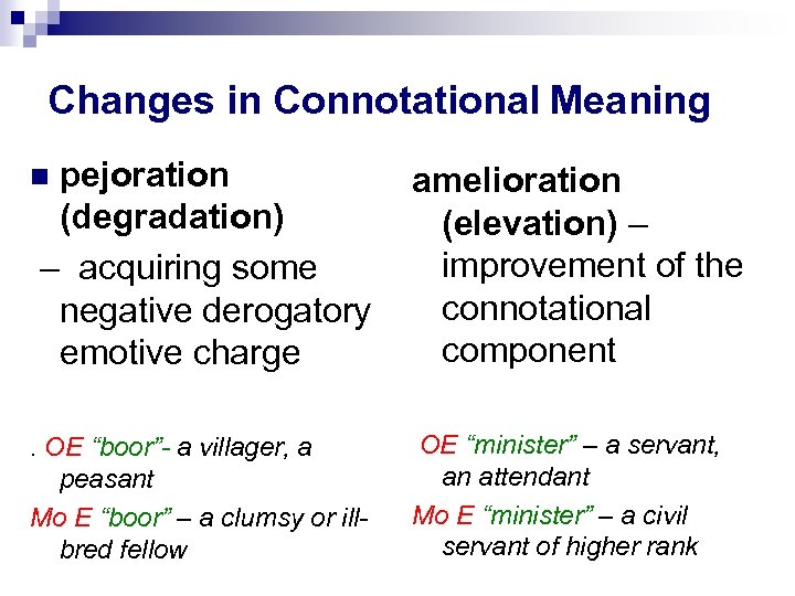 Changes in Connotational Meaning pejoration (degradation) – acquiring some negative derogatory emotive charge amelioration