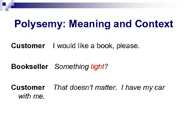 Polysemy: Meaning and Context Customer I would like a book, please. Bookseller Something light?