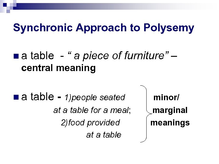 Synchronic Approach to Polysemy a table - “ a piece of furniture” – central