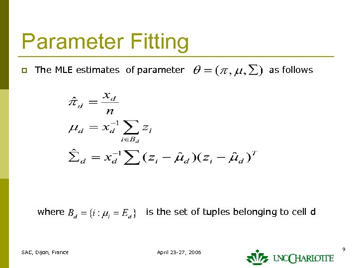 Parameter Fitting p The MLE estimates of parameter where SAC, Dijon, France as follows
