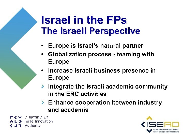 Israel in the FPs The Israeli Perspective • Europe is Israel’s natural partner •