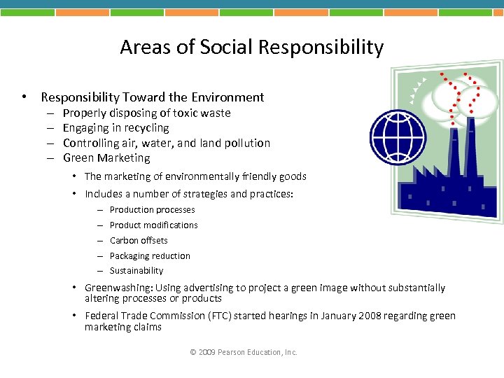 Areas of Social Responsibility • Responsibility Toward the Environment – – Properly disposing of