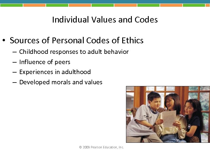 Individual Values and Codes • Sources of Personal Codes of Ethics – – Childhood