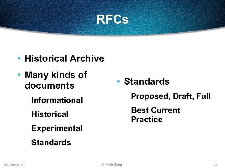 RFCs • Historical Archive • Many kinds of documents • Standards Informational Proposed, Draft,