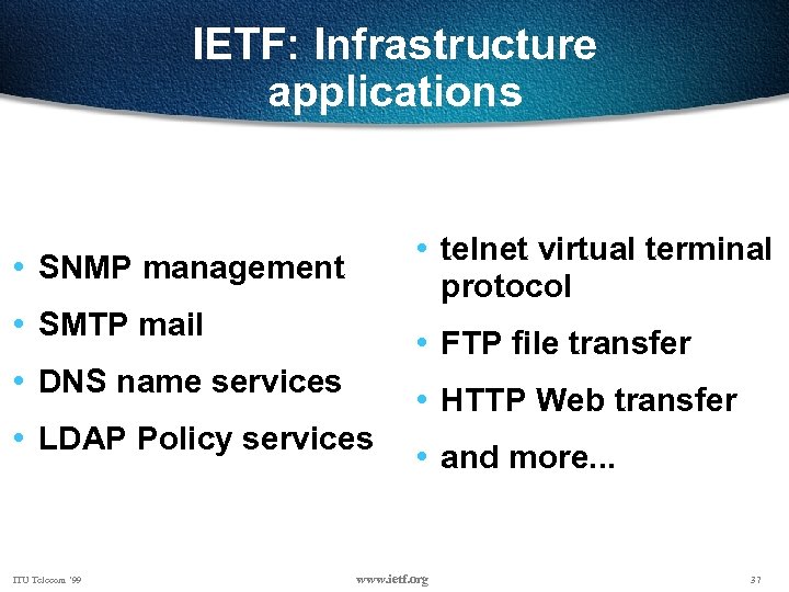 IETF: Infrastructure applications • telnet virtual terminal protocol • SNMP management • SMTP mail