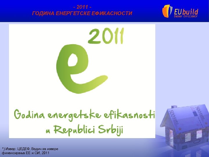 - 2011 ГОДИНА ЕНЕРГЕТСКЕ ЕФИКАСНОСТИ *) Извор: ЦЕДЕФ, Водич за изворе финансирања ЕЕ и