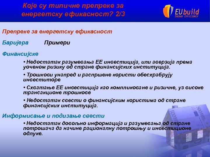 Које су типичне препреке за енергетску ефикасност? 2/3 Препреке за енергетску ефикасност Баријера Примери