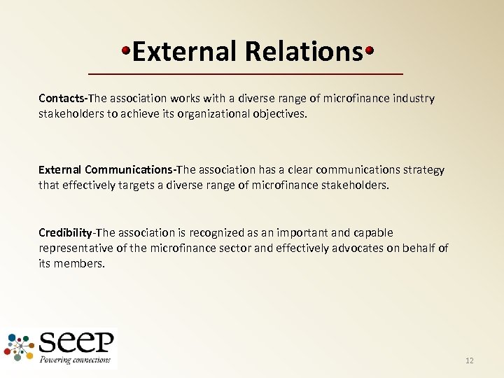 External Relations Contacts-The association works with a diverse range of microfinance industry stakeholders to