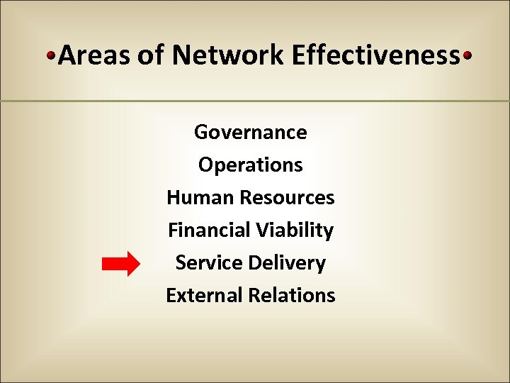 Areas of Network Effectiveness Governance Operations Human Resources Financial Viability Service Delivery External Relations