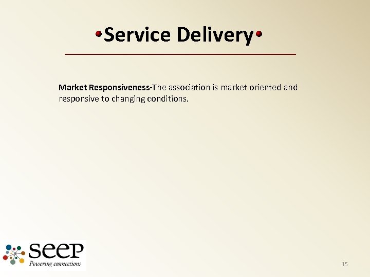 Service Delivery Market Responsiveness-The association is market oriented and responsive to changing conditions. 15