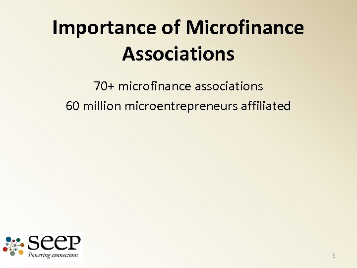 Importance of Microfinance Associations 70+ microfinance associations 60 million microentrepreneurs affiliated 3 