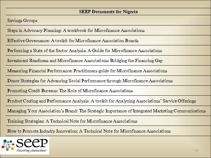 SEEP Documents for Nigeria Savings Groups Steps in Advocacy Planning: A workbook for Microfinance