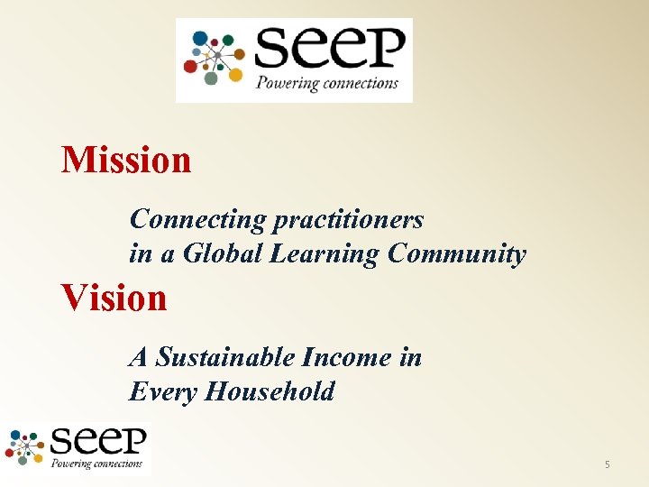 Mission Connecting practitioners in a Global Learning Community Vision A Sustainable Income in Every
