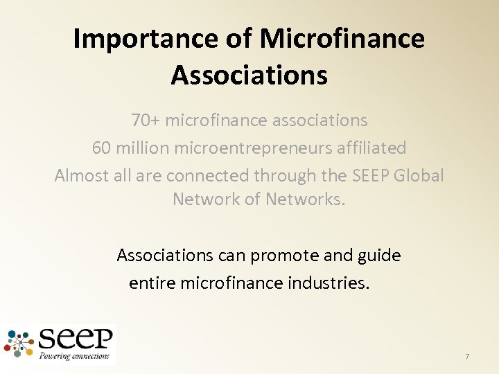 Importance of Microfinance Associations 70+ microfinance associations 60 million microentrepreneurs affiliated Almost all are