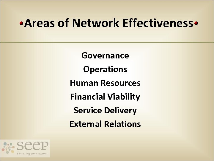 Areas of Network Effectiveness Governance Operations Human Resources Financial Viability Service Delivery External Relations