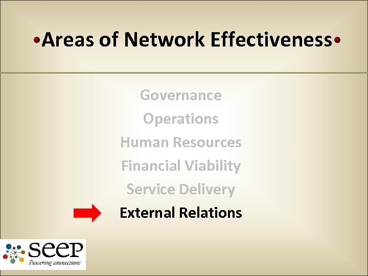 Areas of Network Effectiveness Governance Operations Human Resources Financial Viability Service Delivery External Relations