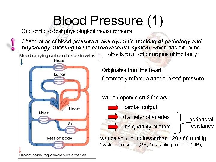 Blood Pressure (1) One of the oldest physiological measurements Observation of blood pressure allows