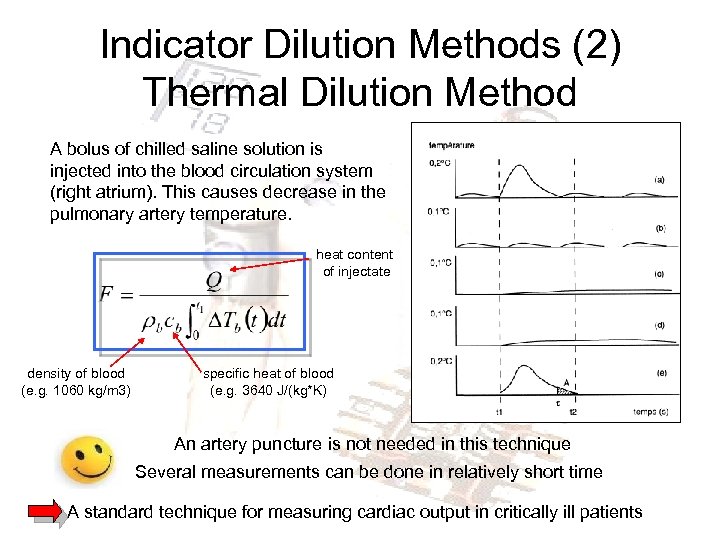 Indicator Dilution Methods (2) Thermal Dilution Method A bolus of chilled saline solution is