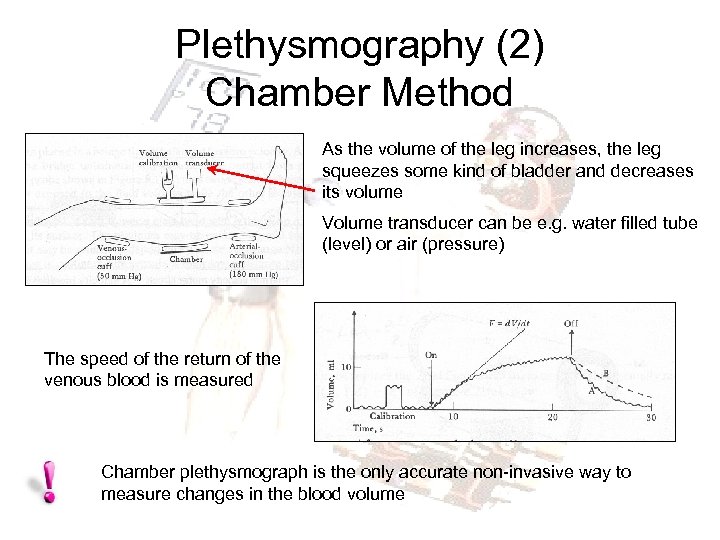 Plethysmography (2) Chamber Method As the volume of the leg increases, the leg squeezes