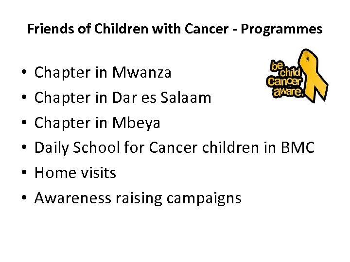 Friends of Children with Cancer - Programmes • • • Chapter in Mwanza Chapter