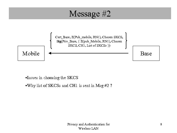 Message #2 Cert_Base, E(Pub_mobile, RN 1), Chosen SKCS, Sig(Priv_Base, { E(pub_Mobile, RN 1), Chosen