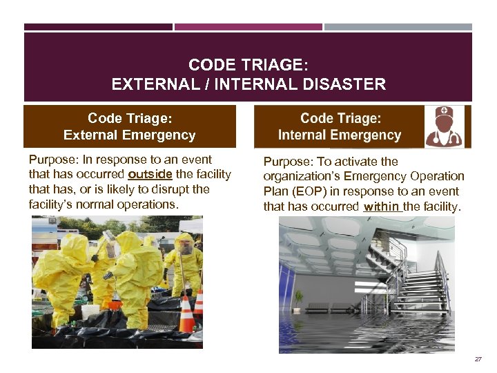 CODE TRIAGE: EXTERNAL / INTERNAL DISASTER Code Triage: External Emergency Purpose: In response to
