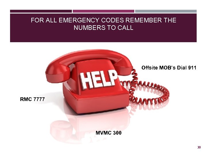 FOR ALL EMERGENCY CODES REMEMBER THE NUMBERS TO CALL Offsite MOB’s Dial 911 RMC