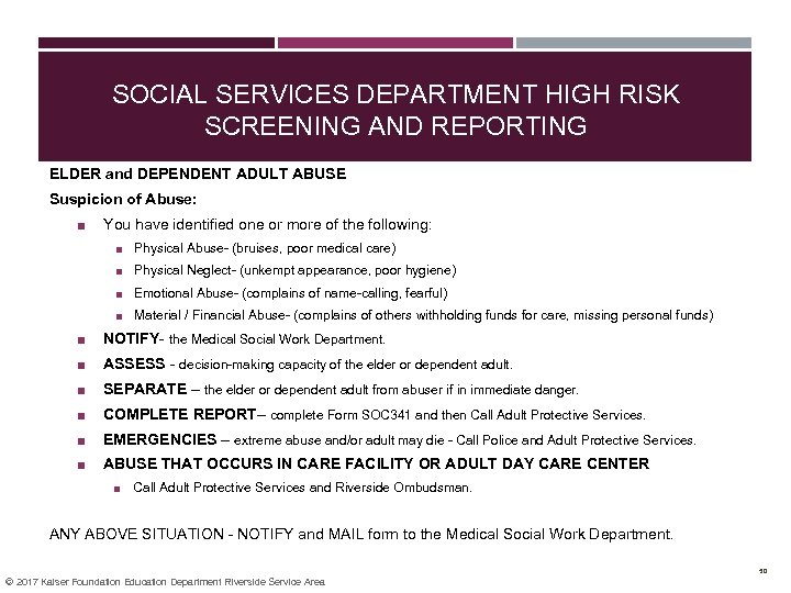 SOCIAL SERVICES DEPARTMENT HIGH RISK SCREENING AND REPORTING ELDER and DEPENDENT ADULT ABUSE Suspicion