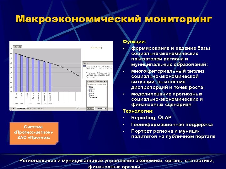 Макроэкономический мониторинг Система «Прогноз-регион» ЗАО «Прогноз» Функции: • формирование и ведение базы социально-экономических показателей
