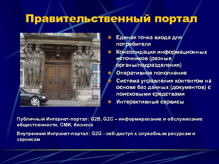 Правительственный портал Единая точка входа для потребителя Консолидация информационных источников (разные органы/подразделения) Оперативное пополнение