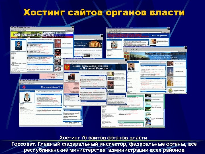 Хостинг сайтов органов власти Хостинг 70 сайтов органов власти: Госсовет, Главный федеральный инспектор, федеральные